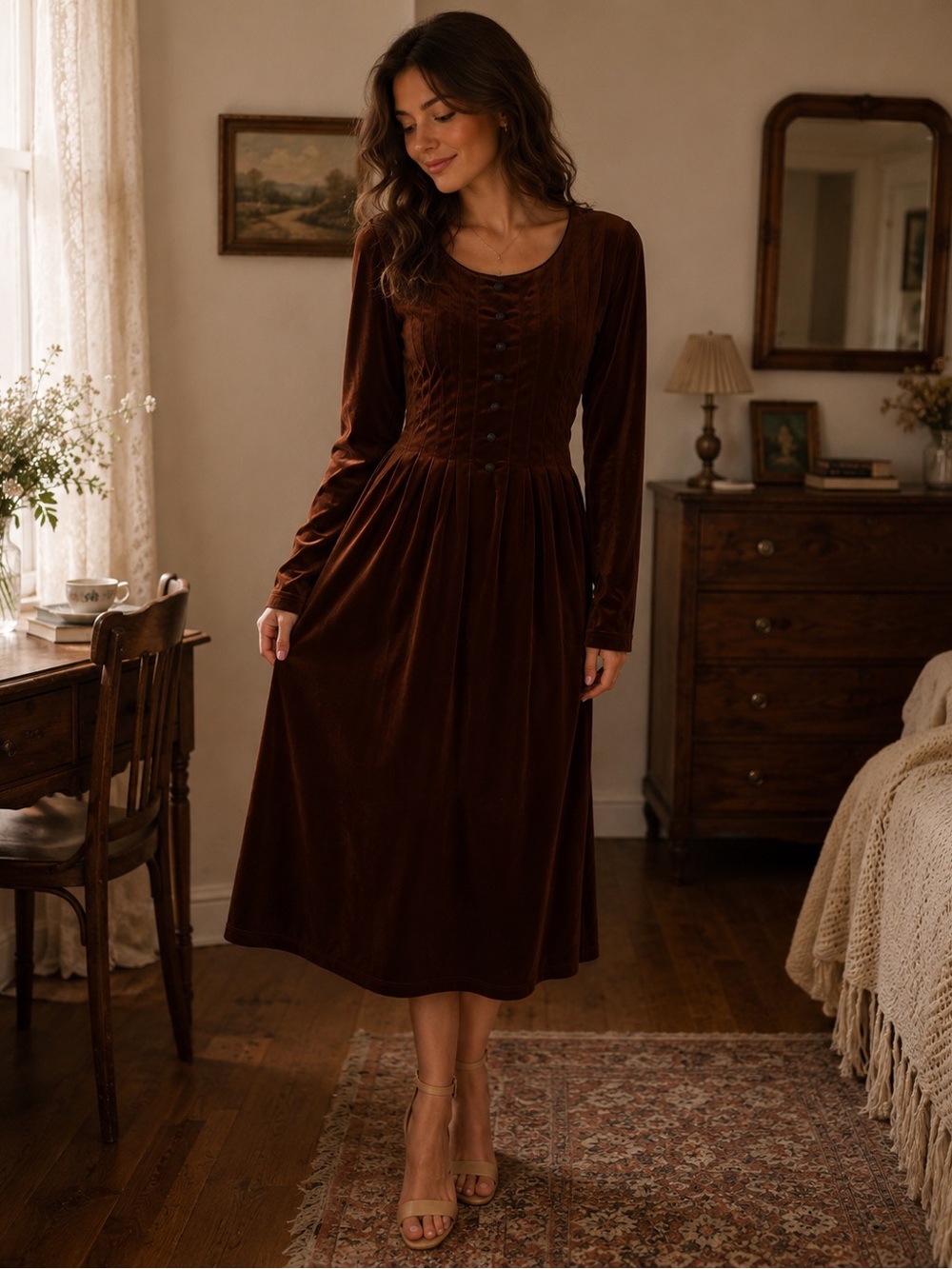 Women's Long Sleeve Velvet Midi Dress in Deep Brown
